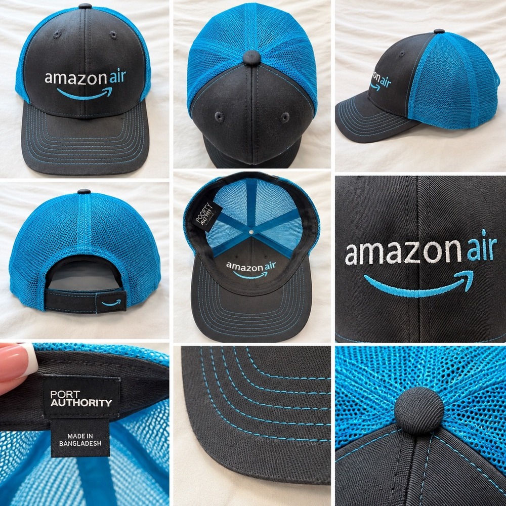 Port Authority Amazon Air Trucker Hat Snapback Mesh Cap Grey Blue Logo